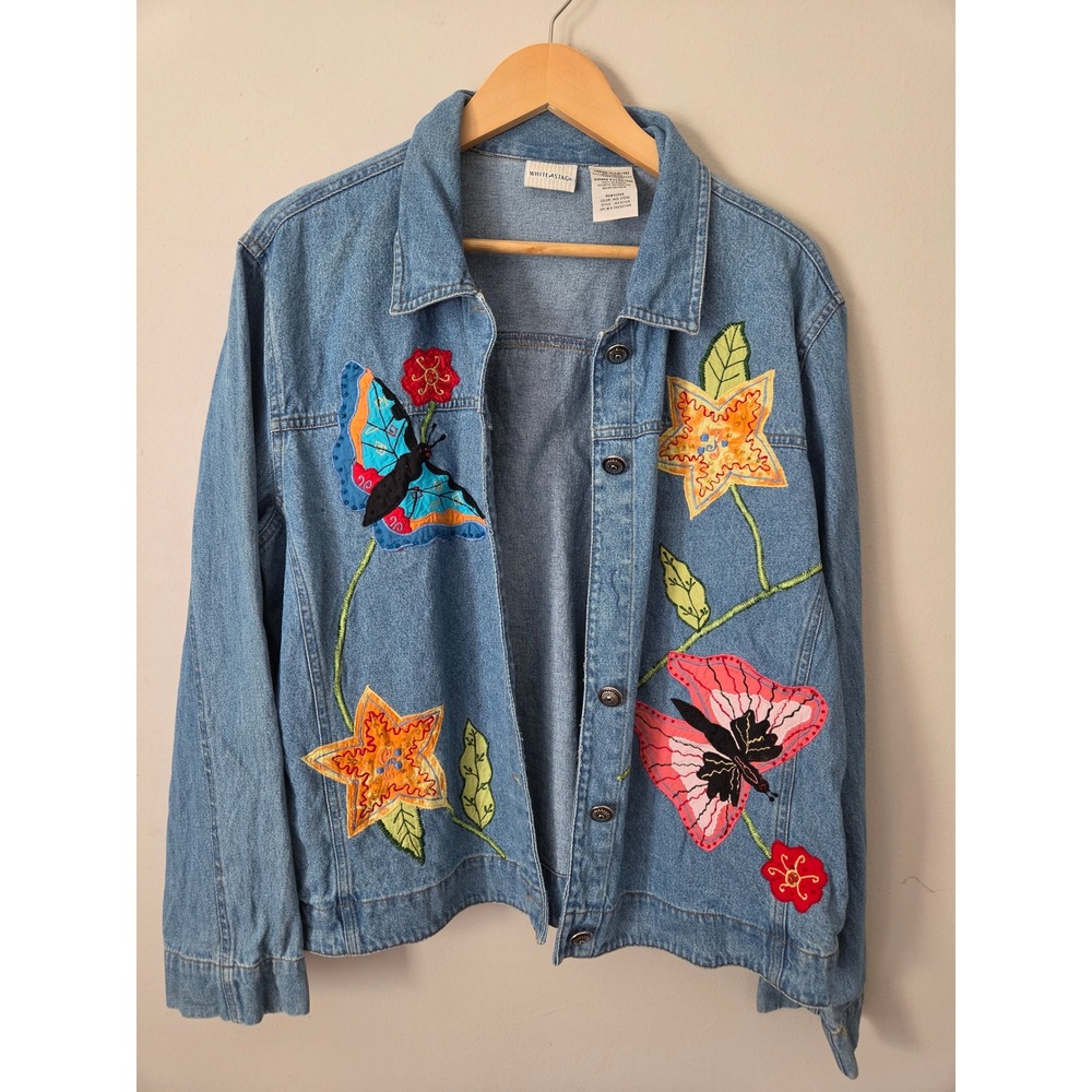 White Stag Womens XL Denim Jacket Embroidered Butterfly Star Floral Med Stone WS